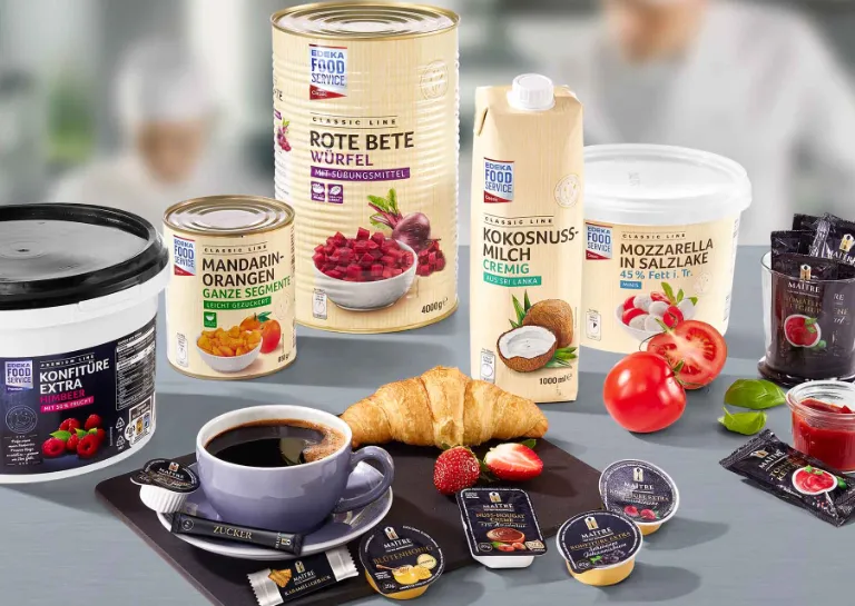 Collage von EDEKA Foodservice Classic und Premium Eigenmarkenprodukten.