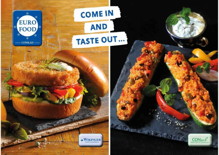 Collage aus vier Speisen: Nuggets, Lachs-Burger, Auberginen-Gemüse und Omelett