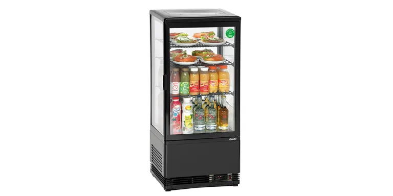 Mini-Kühlvitrine 78L in schwarz gefüllt mit Lebensmitteln 