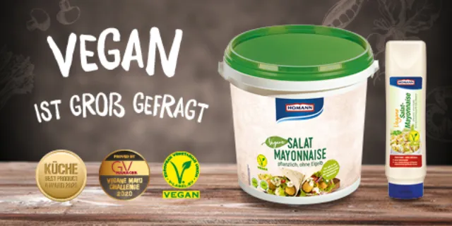 Vegane Salat Mayonnaise: Die erste vegane Mayonnaise in HOMANN Profiqualität, mit 50 %  hochwertigem Rapsöl.